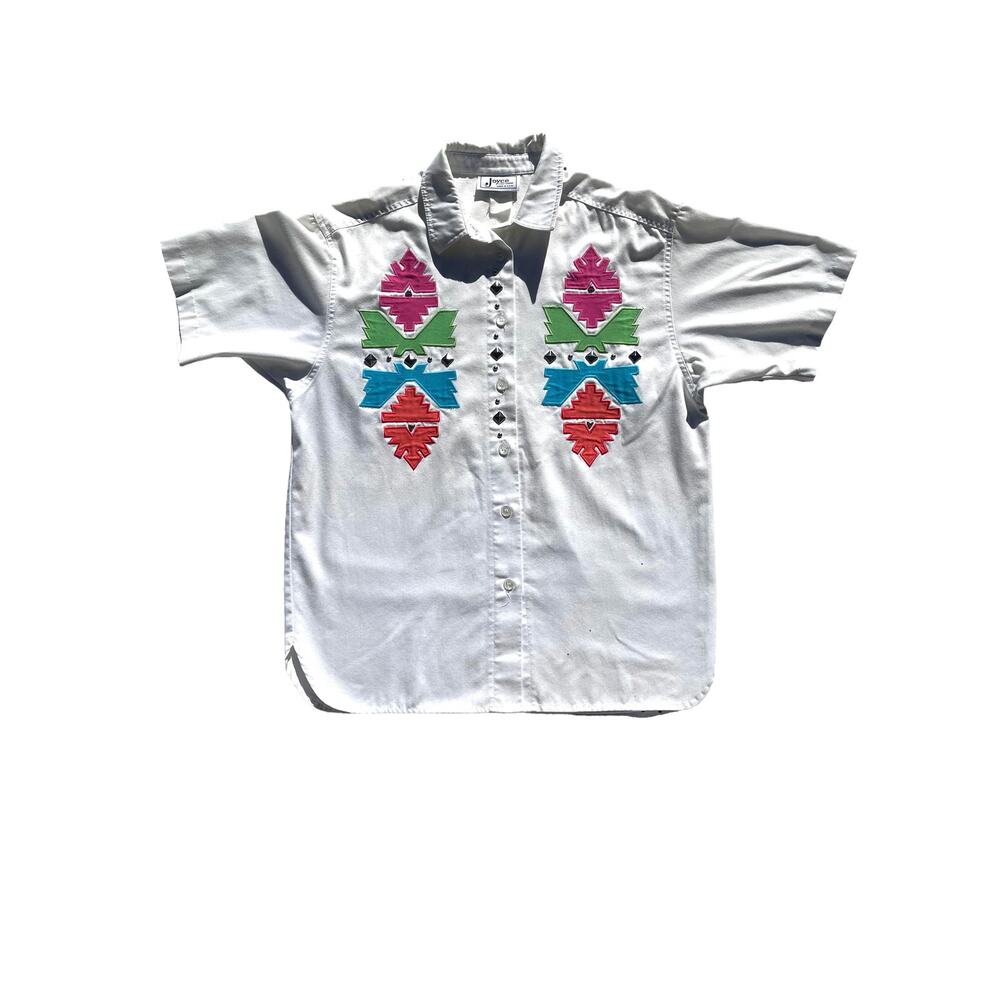 Vintage White Button Up Shirt XL Southwestern Design Studded Size XL Cowgirl